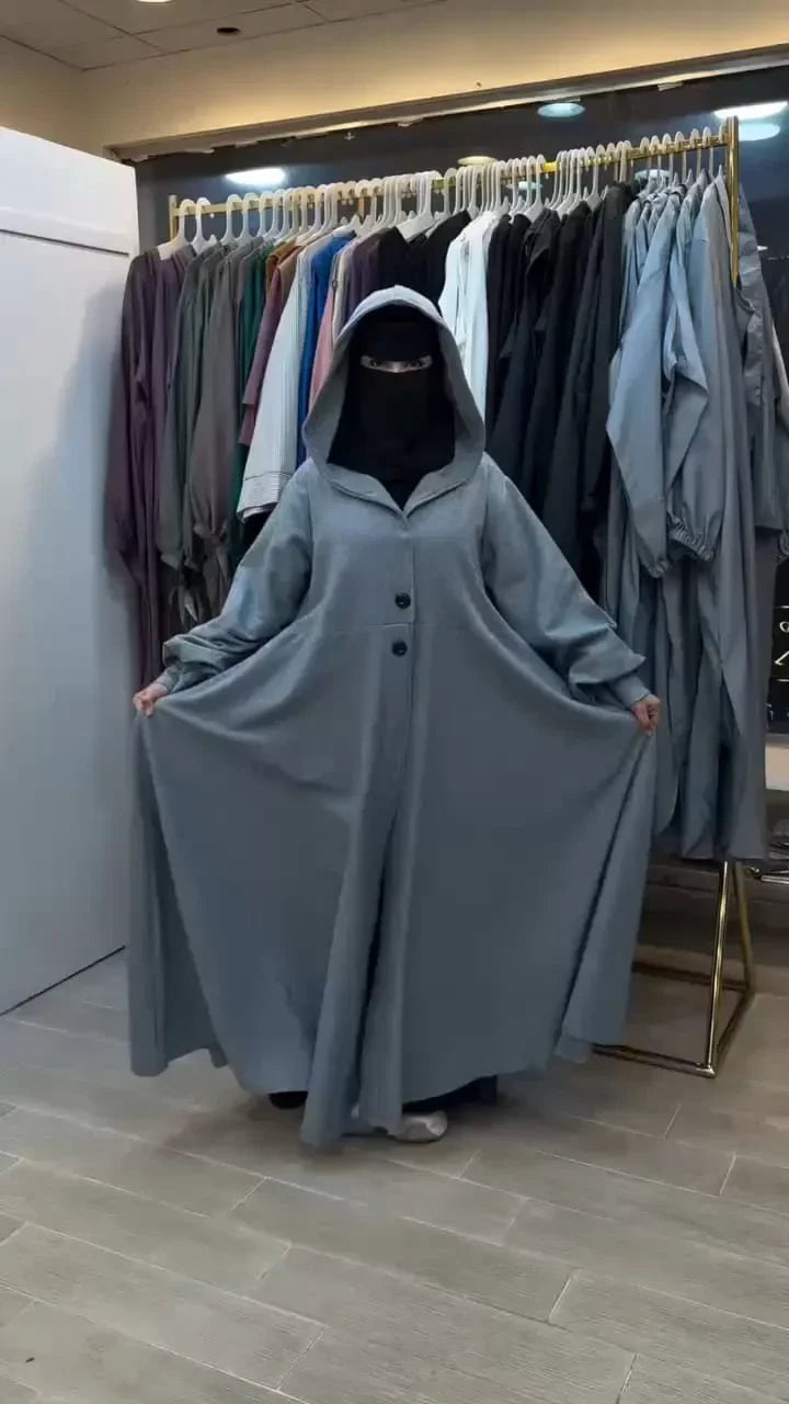 Ch 611 -Button-Front Long Frill Hoodie Winter Fleece Maxi Style with Wide Flare -