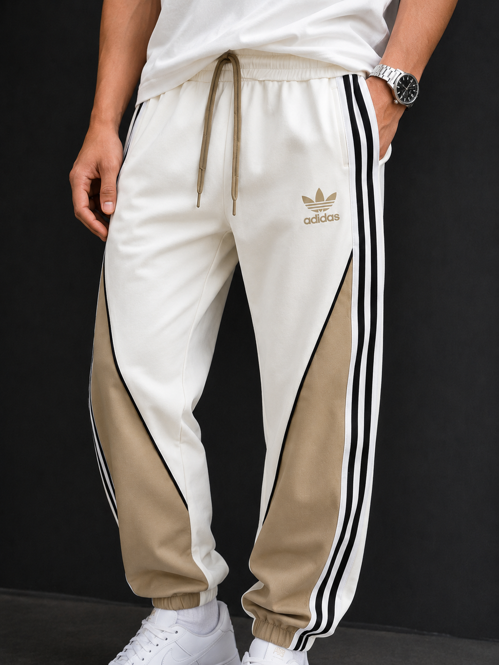 BT- 007 | Urban Contrast Track Pants – White & Beige