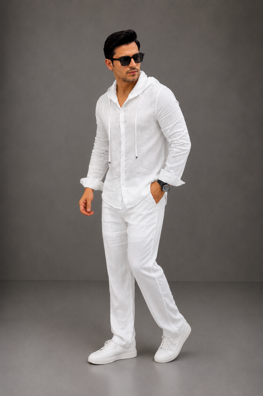 LI-135 | Men's Summer White Linen Hoodie Shirt & Trouser Set