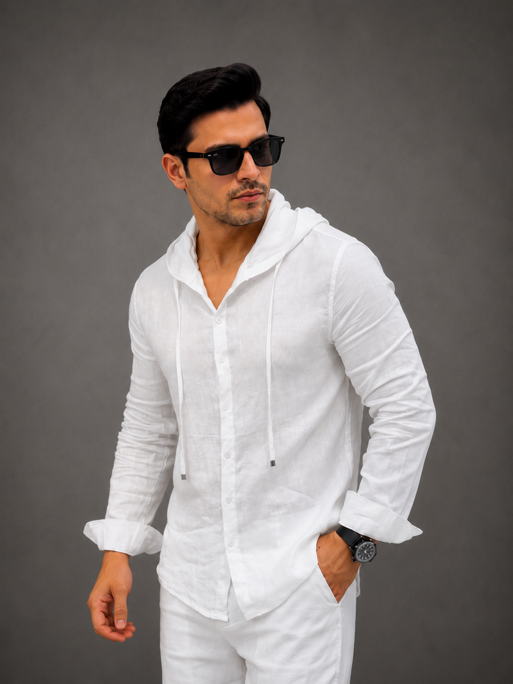 LI-135 | Men's Summer White Linen Hoodie Shirt & Trouser Set