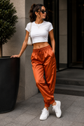 T 1 Women's Premium Satin Silk Jogger Trousers | High-Waist Casual Comfort Pants