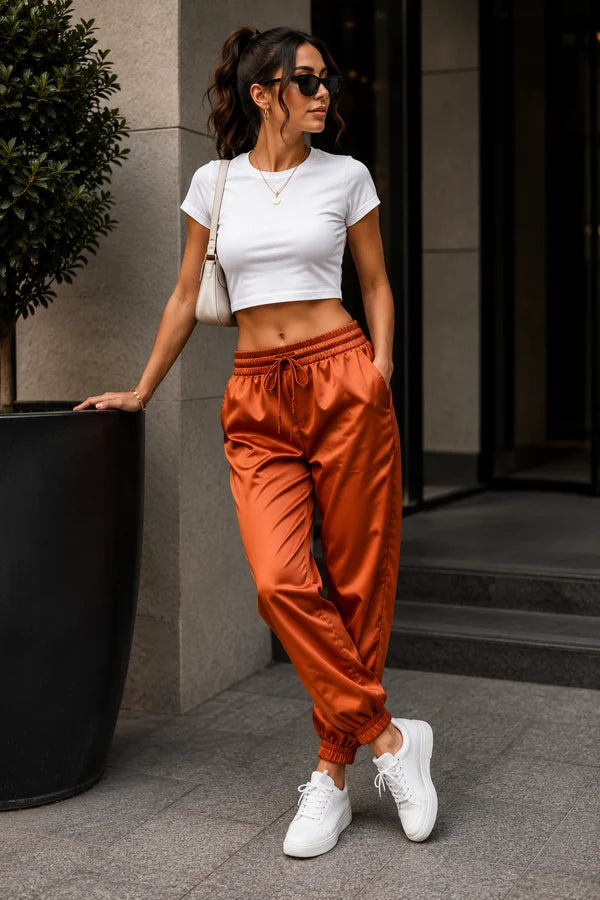 T 1 Women's Premium Satin Silk Jogger Trousers | High-Waist Casual Comfort Pants