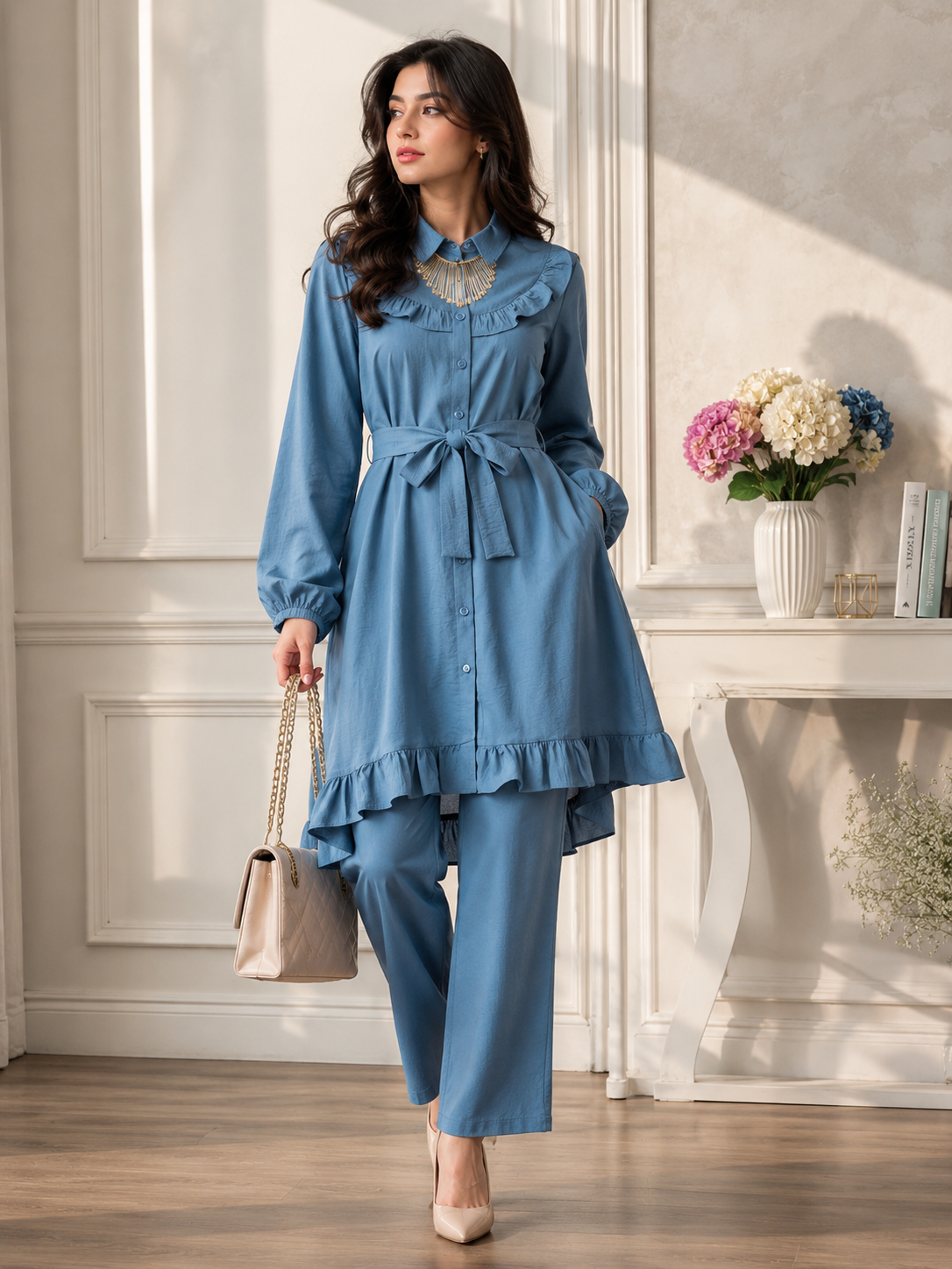 Women's Premium Ruffle Front Belted Co-Ord Set – High Low Shirt Kurti with Trouser (C-2)