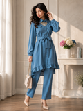 Women's Premium Ruffle Front Belted Co-Ord Set – High Low Shirt Kurti with Trouser (C-2)