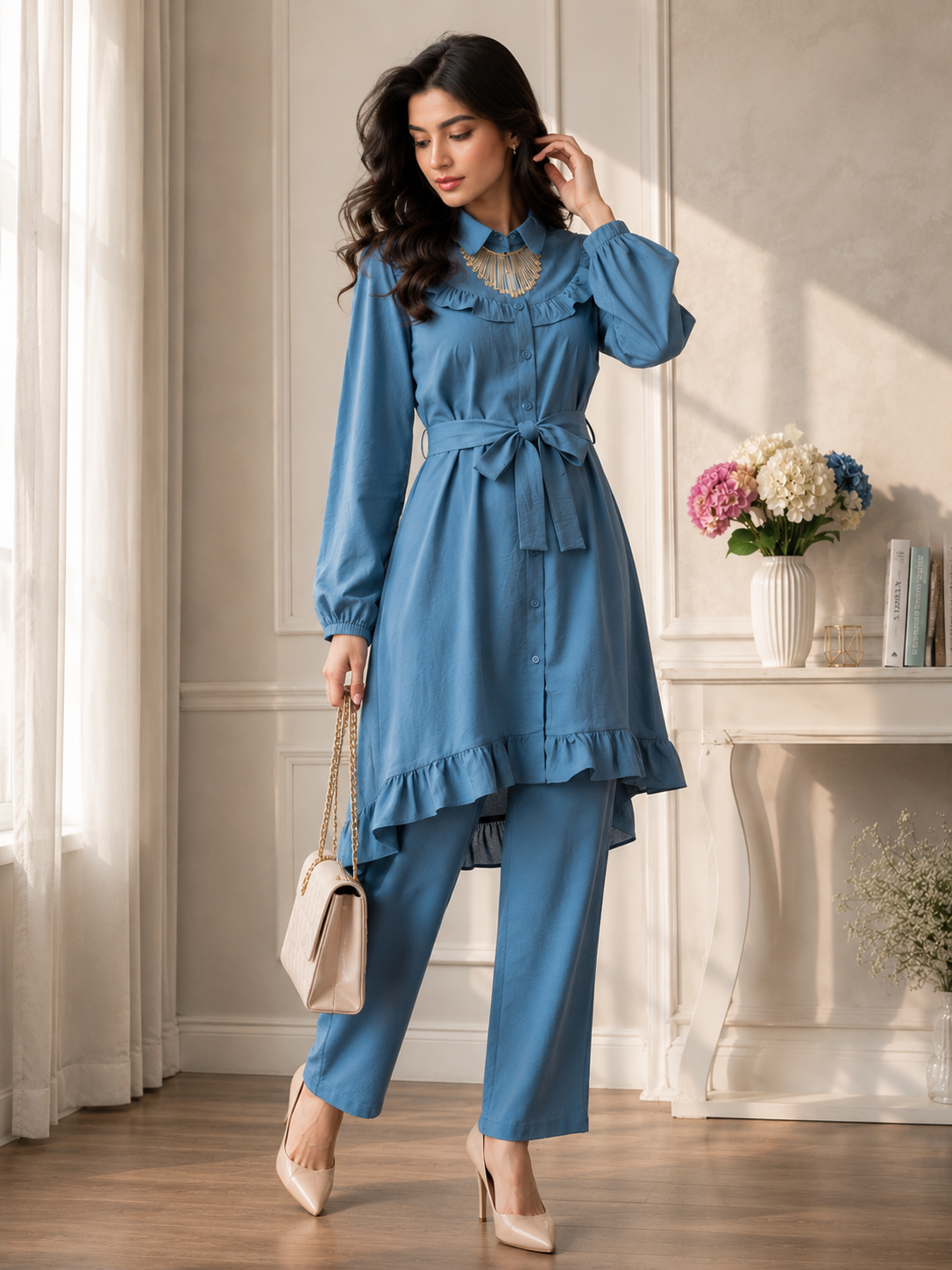 Women's Premium Ruffle Front Belted Co-Ord Set – High Low Shirt Kurti with Trouser (C-2)