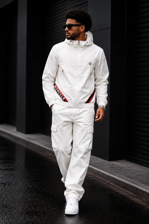 (CJ-13) Premium Monogram Hooded Jacket – Black & Red Streetwear