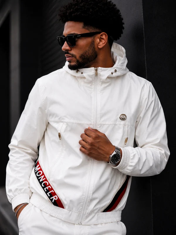 (CJ-13) Premium Monogram Hooded Jacket – Black & Red Streetwear