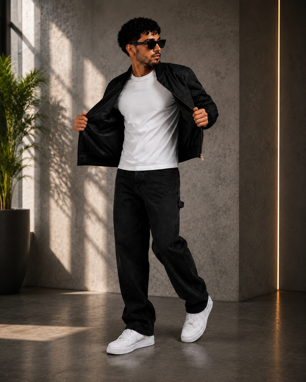(CJ-31) Men's Bomber Jacket and Wide-Leg Denim Outfit Set