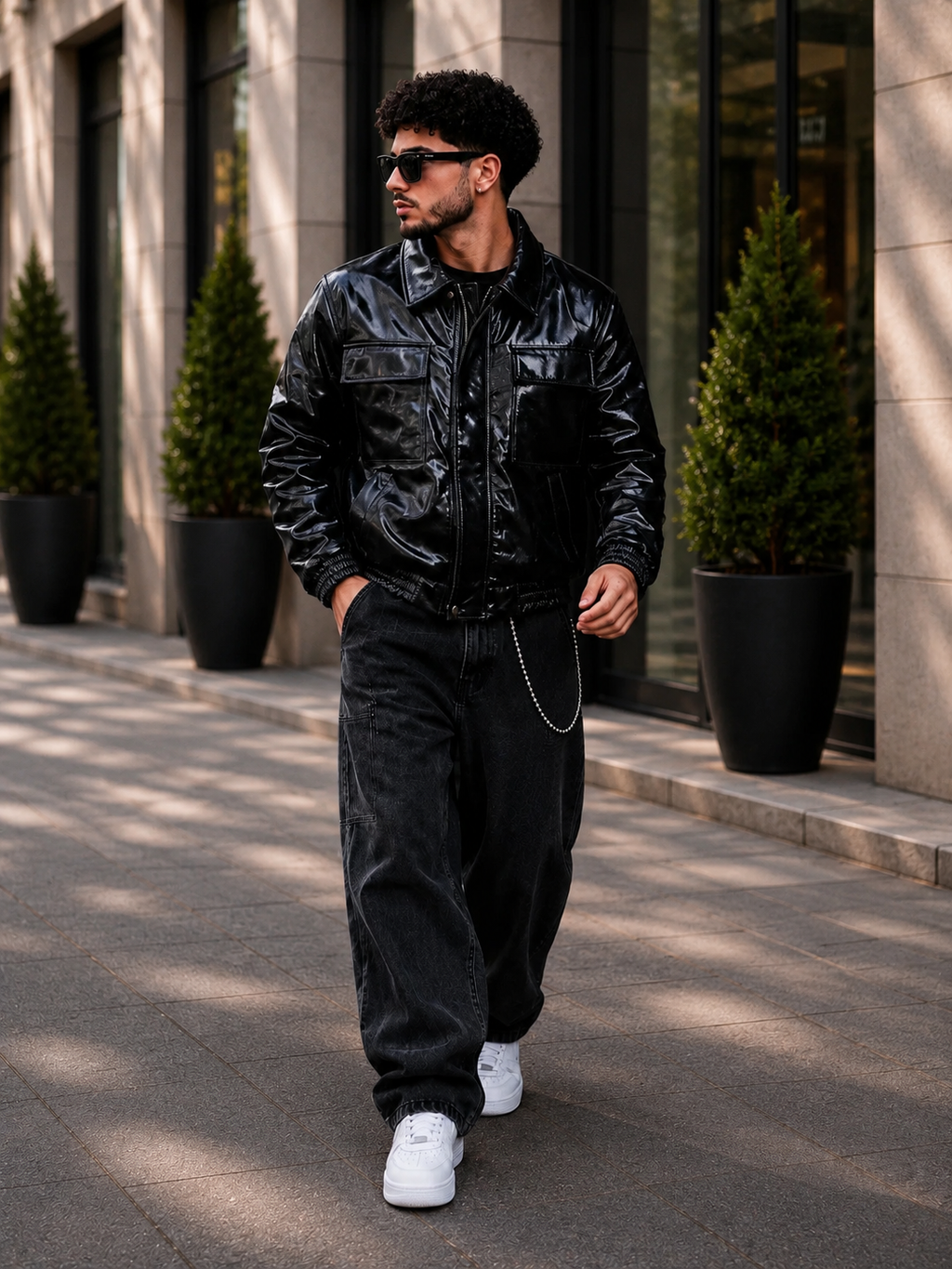 (CJ-17) Shiny Faux Leather Bomber Jacket