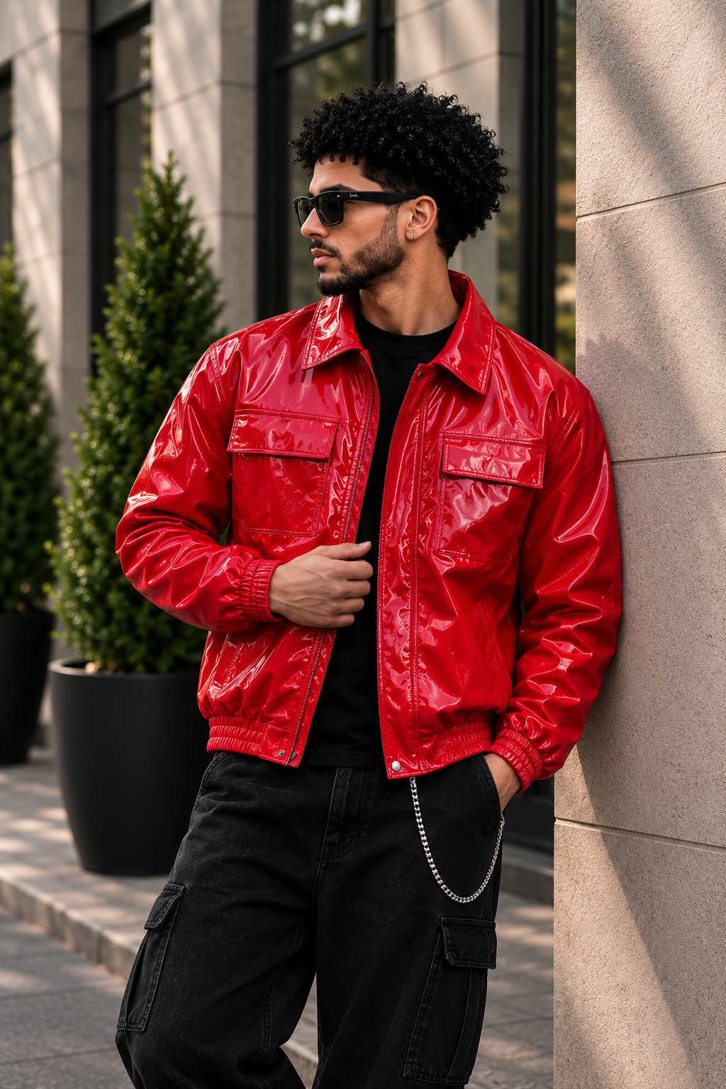 (CJ-17) Shiny Faux Leather Bomber Jacket