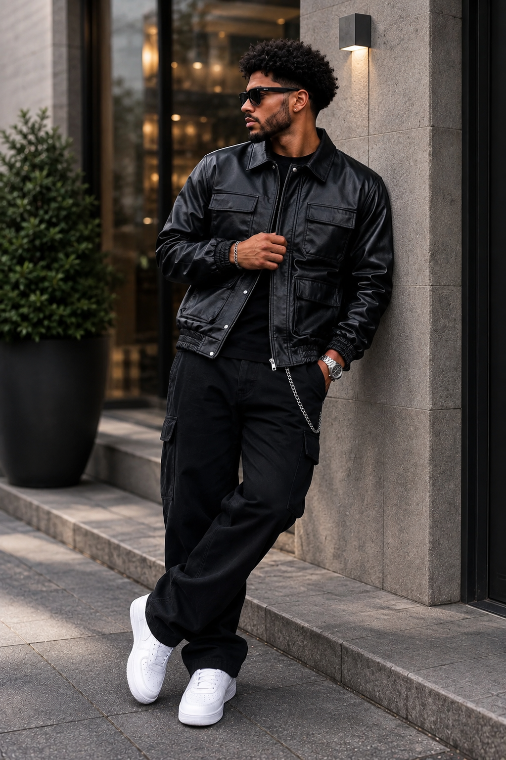 (CJ-20) Premium Black Cargo Leather Jacket
