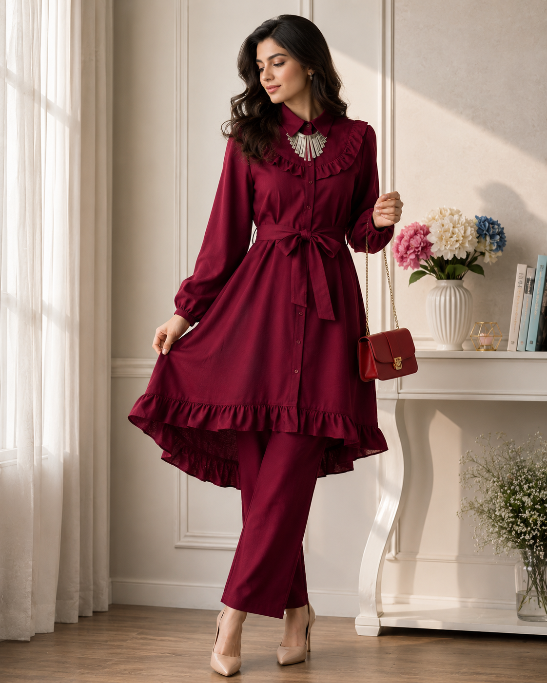 Women's Premium Ruffle Front Belted Co-Ord Set – High Low Shirt Kurti with Trouser (C-5)