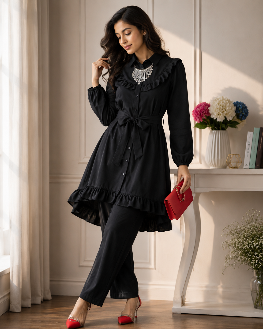 Women's Premium Ruffle Front Belted Co-Ord Set – High Low Shirt Kurti with Trouser (C-3)