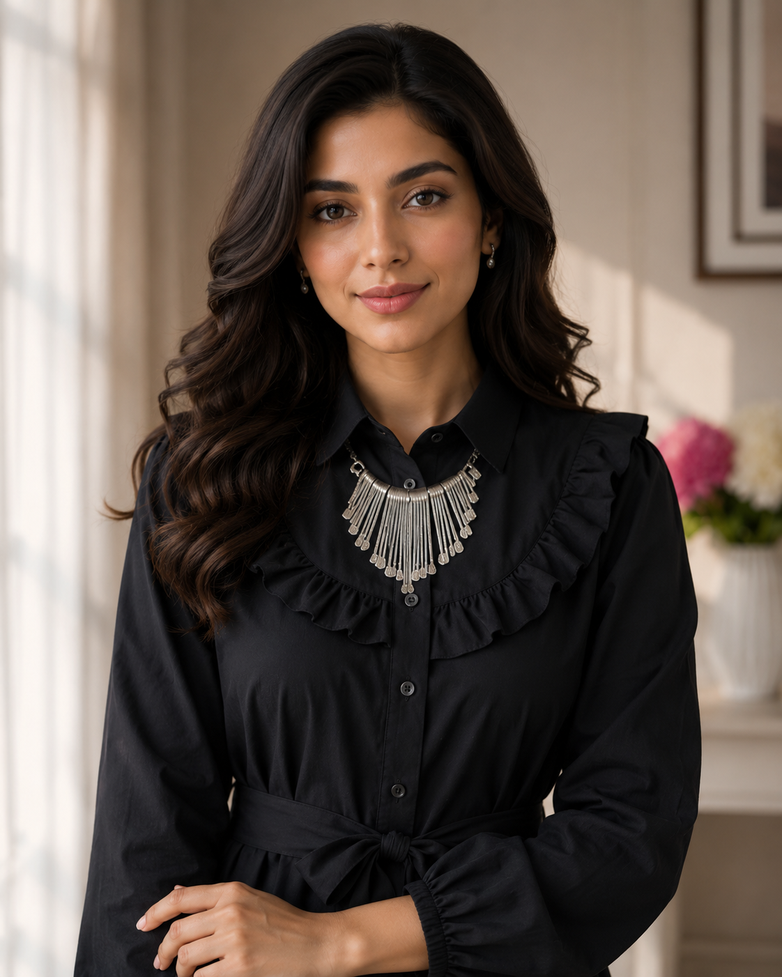 Women's Premium Ruffle Front Belted Co-Ord Set – High Low Shirt Kurti with Trouser (C-3)