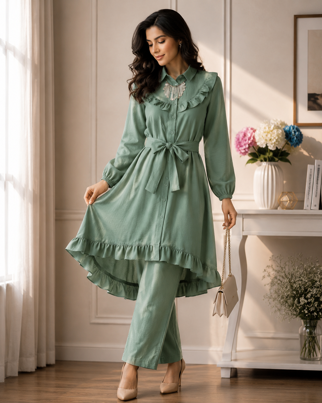 Women's Premium Ruffle Front Belted Co-Ord Set – High Low Shirt Kurti with Trouser (C-4)
