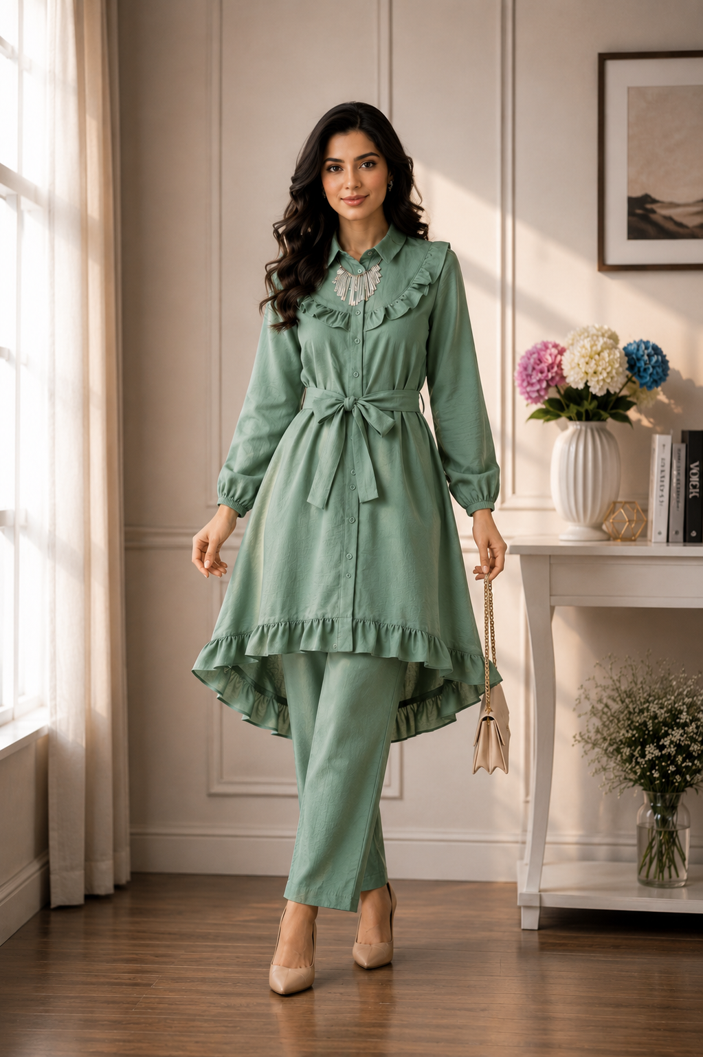 Women's Premium Ruffle Front Belted Co-Ord Set – High Low Shirt Kurti with Trouser (C-4)