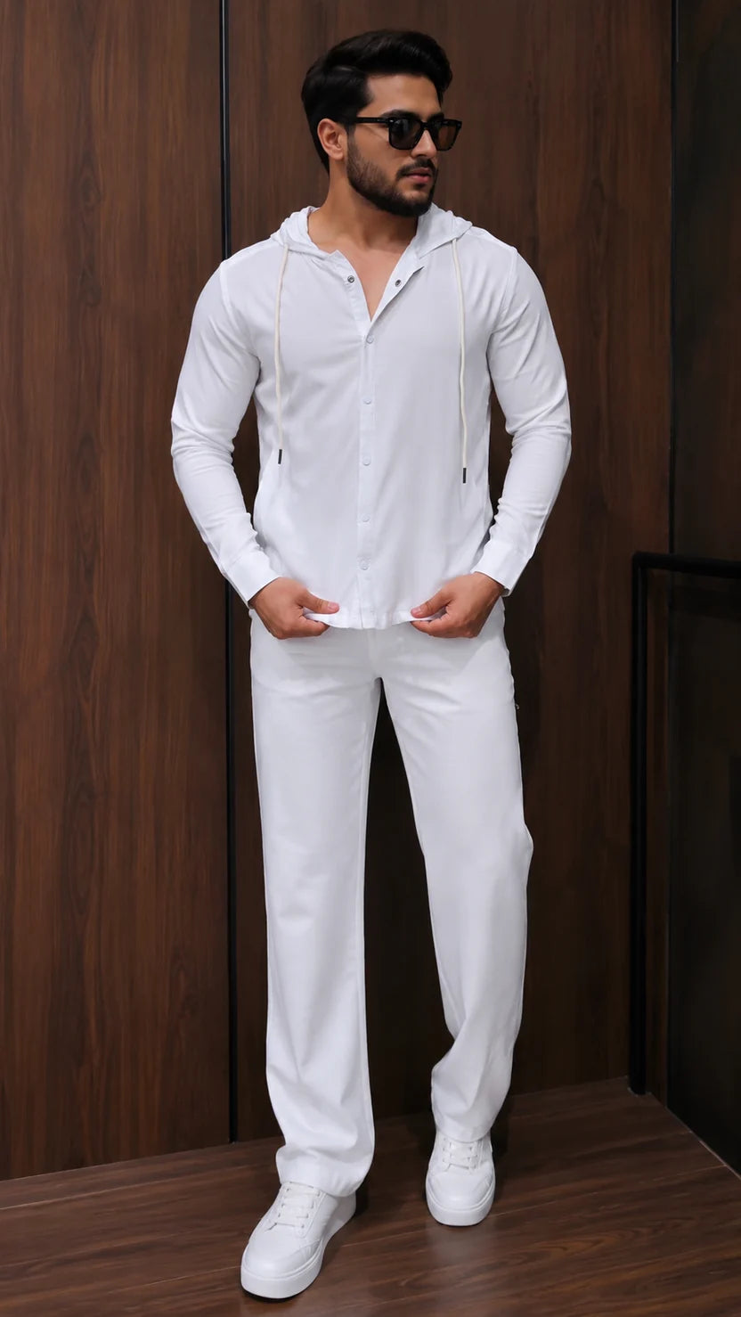 LI- 138 | Men's Linen Look Hooded Shirt Co-Ord