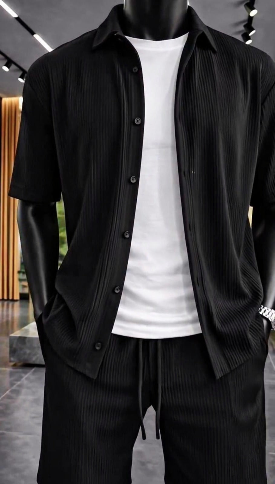 LI-87  MENS ELITE CO-ORD SET – TEXTURED BUTTON SHIRT WITH SHORTS | SUMMER COLLECTION