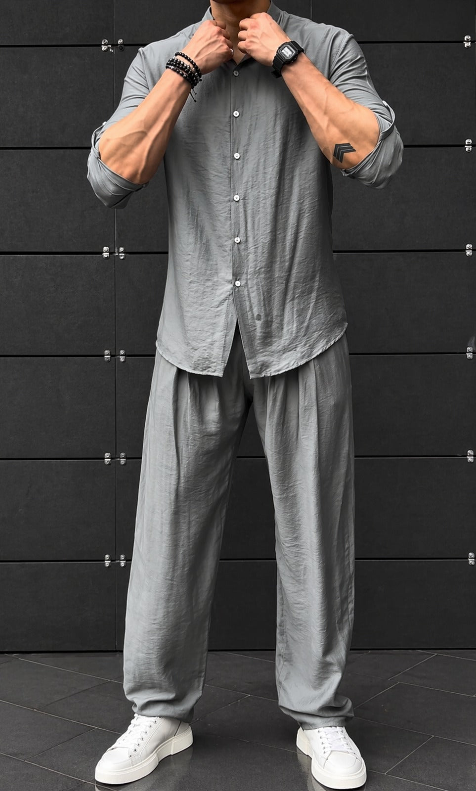LI-91 | Shadow Luxe Men’s Co-Ord Set | Mandarin Collar Shirt & Tailored Loose Trouser
