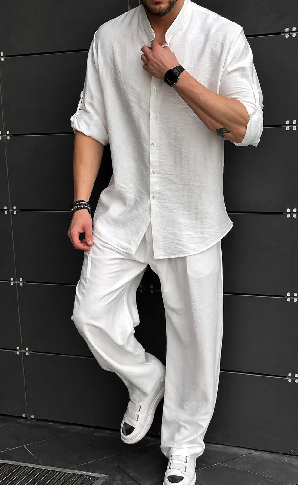 LI-91 | Shadow Luxe Men’s Co-Ord Set | Mandarin Collar Shirt & Tailored Loose Trouser