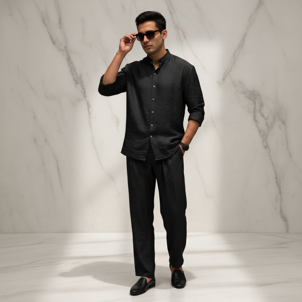 LI-91 | Shadow Luxe Men’s Co-Ord Set | Mandarin Collar Shirt & Tailored Loose Trouser