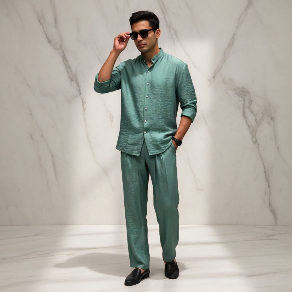 LI-91 | Shadow Luxe Men’s Co-Ord Set | Mandarin Collar Shirt & Tailored Loose Trouser