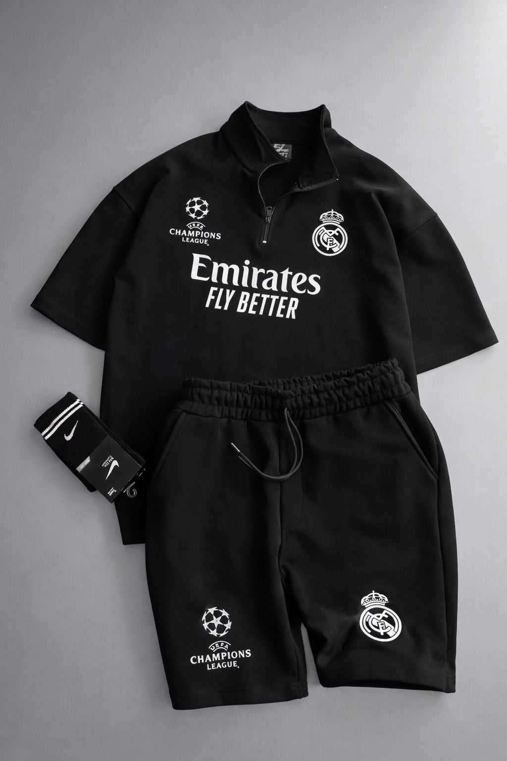 LI-86  MENS ATHLEISURE FOOTBALL INSPIRED SET – SLIM FIT HALF ZIP & SHORTS