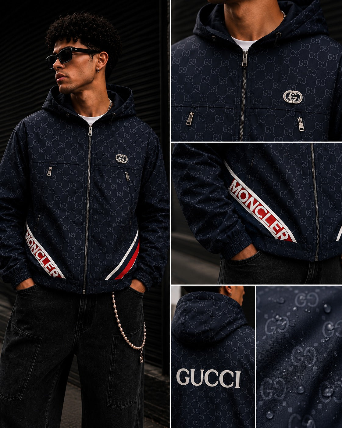 (CJ-13) Premium Monogram Hooded Jacket – Black & Red Streetwear