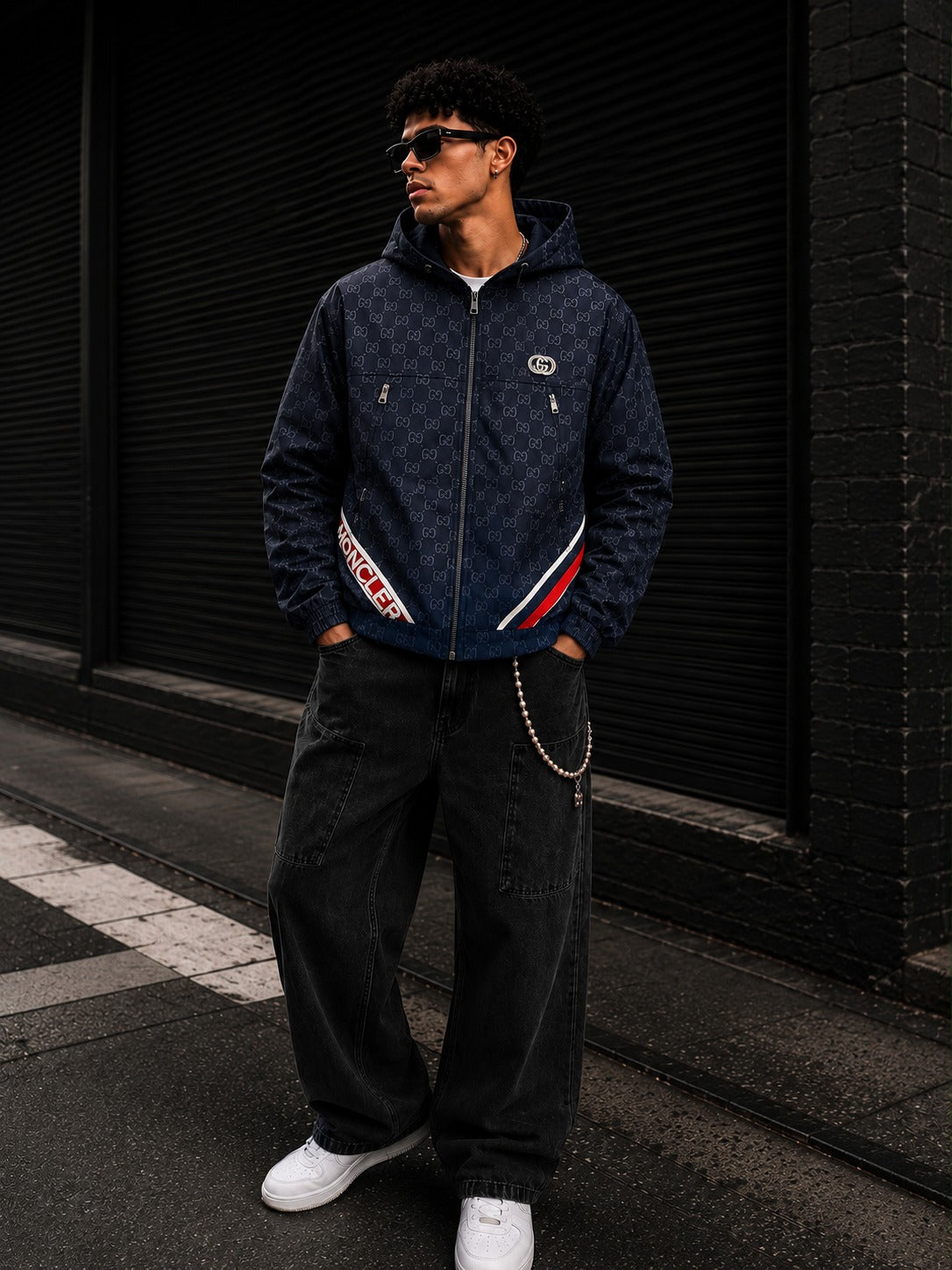 (CJ-13) Premium Monogram Hooded Jacket – Black & Red Streetwear