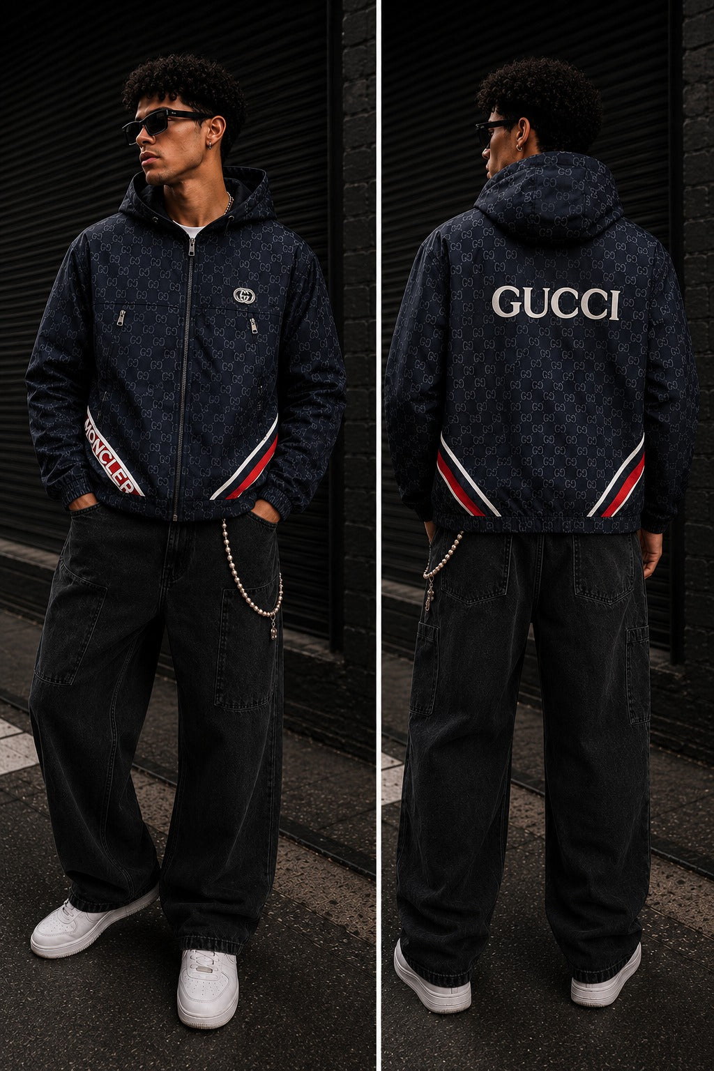 (CJ-13) Premium Monogram Hooded Jacket – Black & Red Streetwear