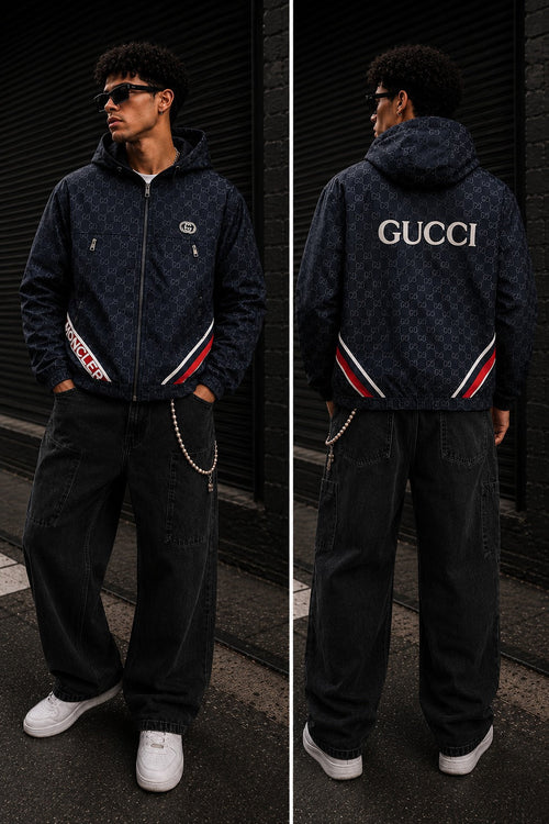 (CJ-13) Premium Monogram Hooded Jacket – Black & Red Streetwear