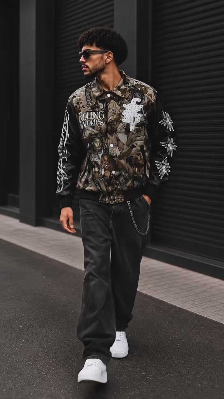 (CJ-24) Rolling Words Premium Graphic Bomber Jacket