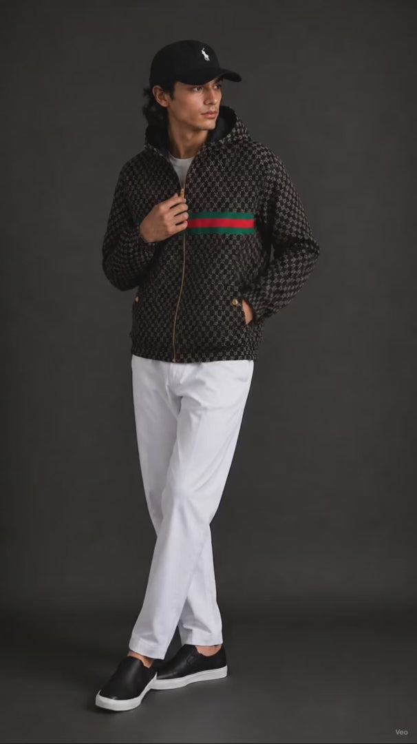(CJ-6) Premium Men's Monogram Hooded Zip-Up Jacket – Black & Gold with Signature Stripe