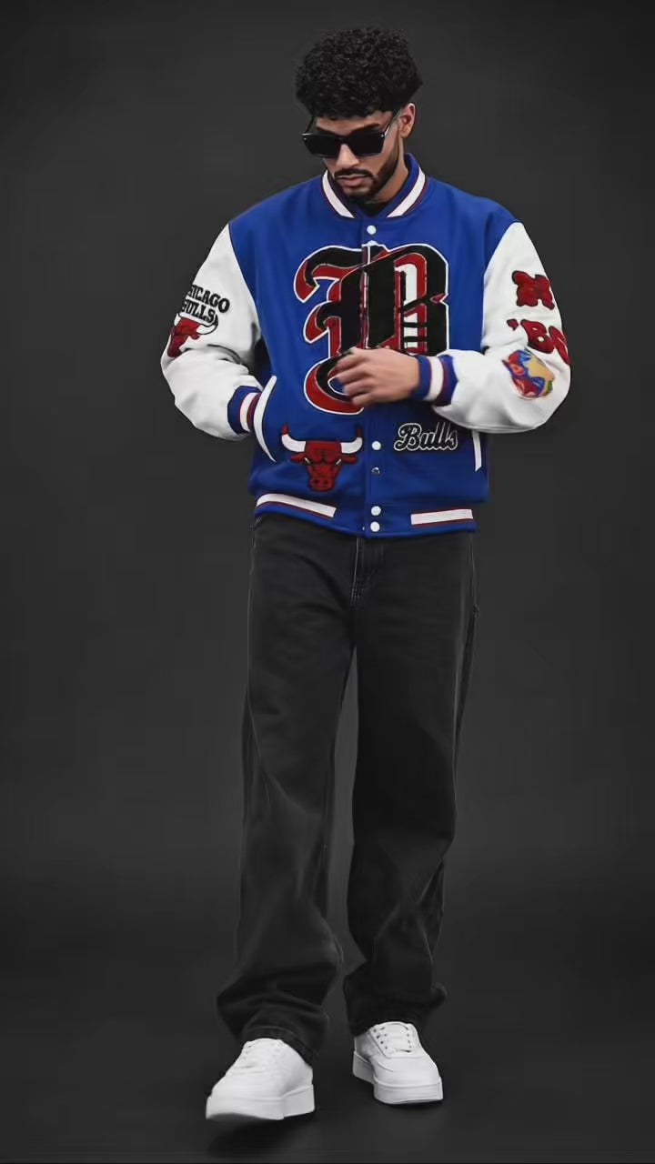 (CJ-28) Retro Bulls Varsity Letterman Jacket - Black and White